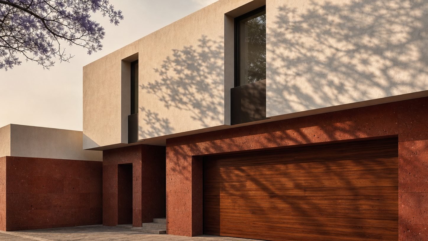 Residencia de dos niveles con base de cantera roja y jacaranda