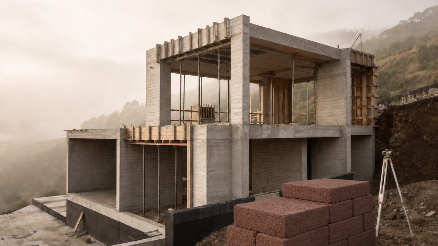 Estructura de concreto recién colada con bloques de cantera roja en primer plano