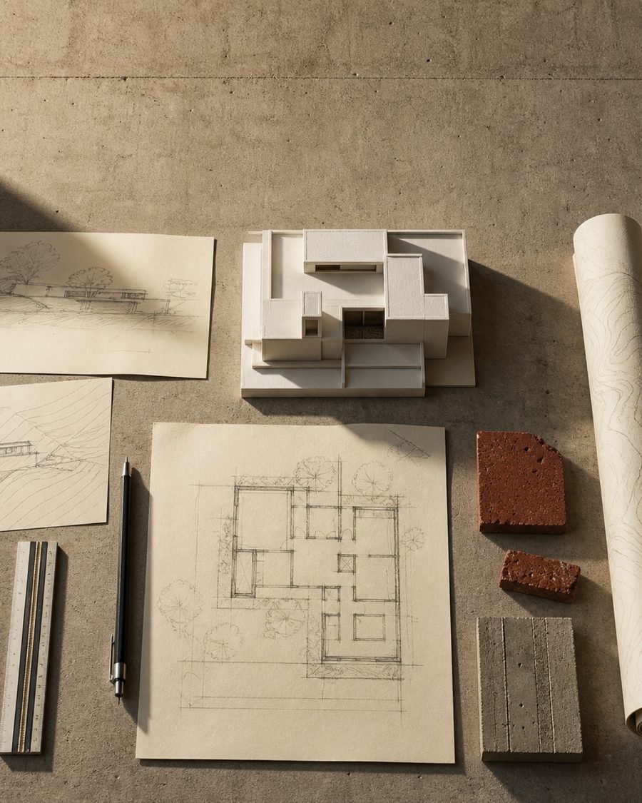 Croquis de sitio, planta preliminar y maqueta sobre una mesa de concreto