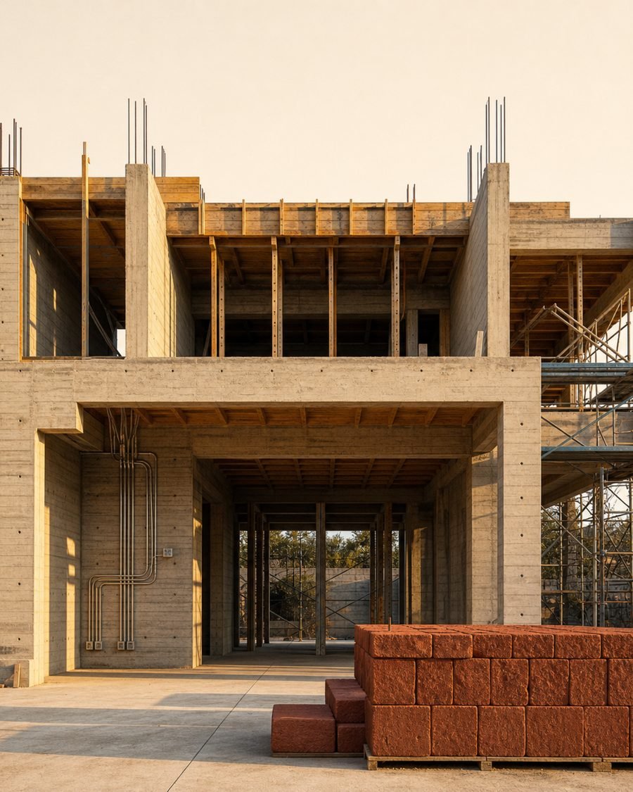 Casa en fase estructural: marco de concreto colado y cantera roja lista para colocar